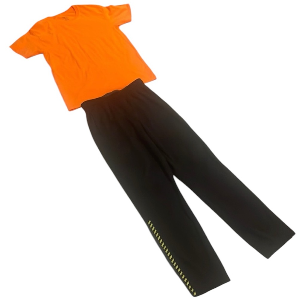 athletic pants black pockets drawstring boys size 14 16 & orange T-shirt S adult